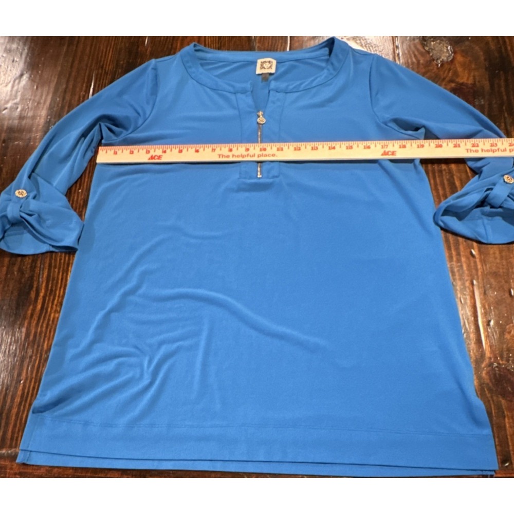 Anne Klein Women's Blue Jersey Zip Neck Roll Tab 3/4 Sleeve Blouse M EUC
